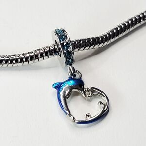 NWT For Pandora Charm Bracelets Silver And Blue Rhinestones Dolphin Heart Dangle